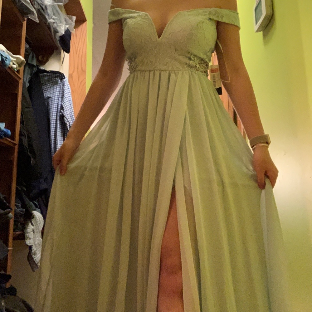 Off the shoulder light mint prom dress